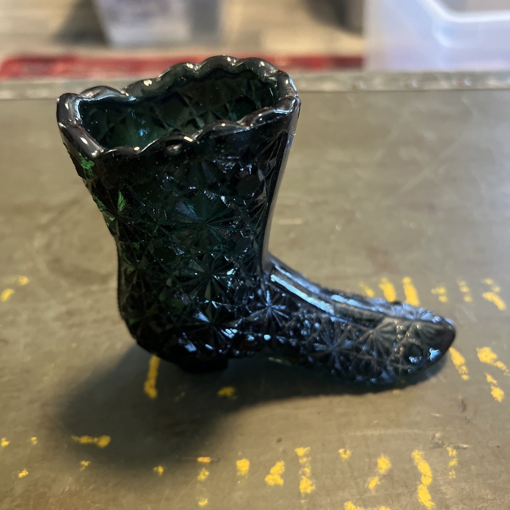 VTG Blue Green Glass Boot Figurine Geometric Pattern Textured Decorative Taiwan